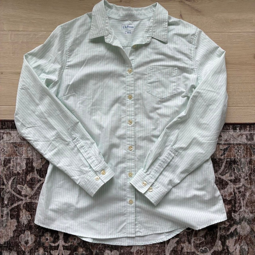 L.L. Bean women's button down shirt L mint green white striped EUC